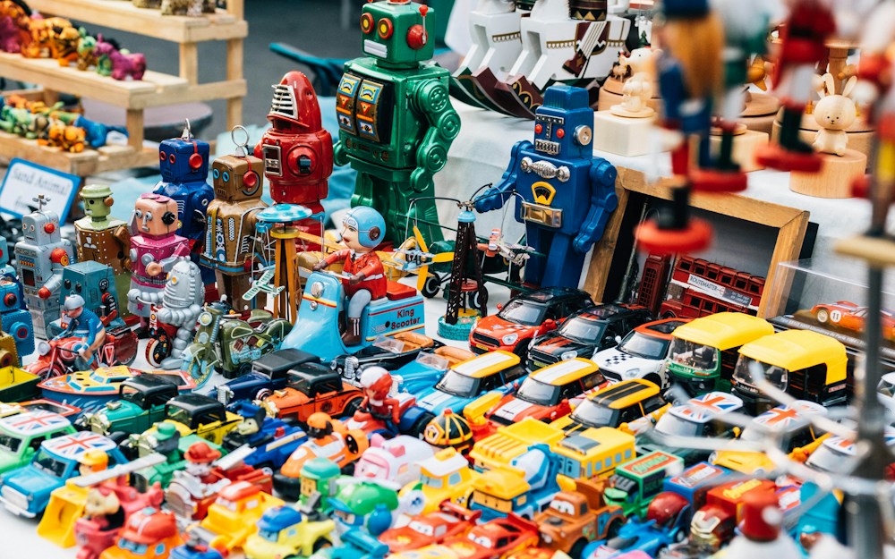 An assortment of toys; illustrative product photograph